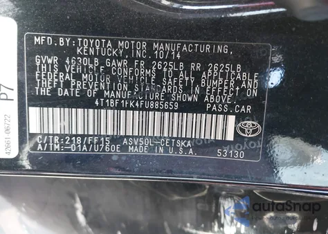 2015 Toyota Camry Se из США, поврежденный, VIN 4T1BF1FK4FU885659